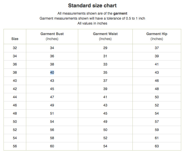 Standard Size Chart For Salwar Kameez