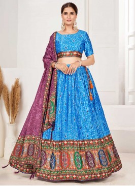 A Line Lehenga Choli Digital Print Satin in Aqua Blue