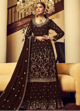 A Line Lehenga Choli Embroidered Georgette in Brown