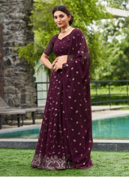 A Line Lehenga Choli Embroidered Georgette in Wine