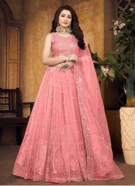 A Line Lehenga Choli Embroidered Net in Peach