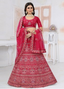 A Line Lehenga Choli Embroidered Net in Rani