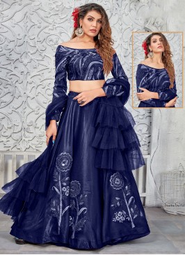 A Line Lehenga Choli Embroidered Silk in Navy Blue
