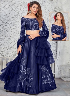A Line Lehenga Choli Embroidered Silk in Navy Blue