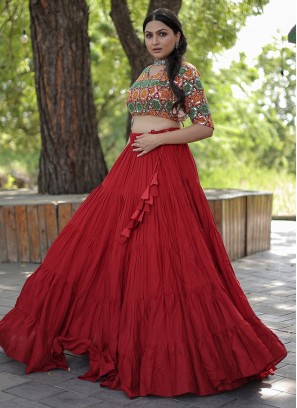 A Line Lehenga Choli Plain Rayon in Red