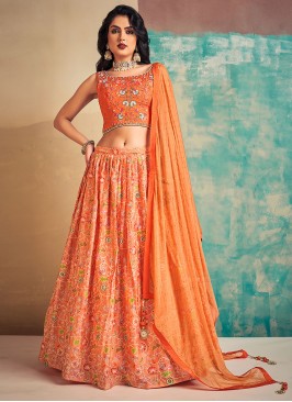 A Line Lehenga Choli Printed Chiffon in Orange