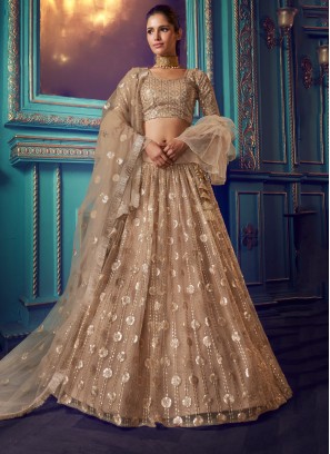A Line Lehenga Choli Resham Net in Gold