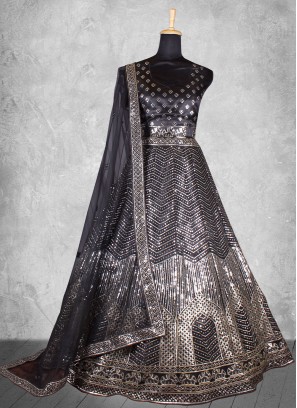A Line Lehenga Choli Sequins Satin Silk in Black