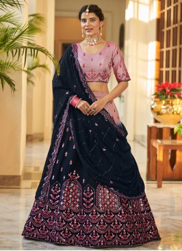 A Line Lehenga Choli Thread Art Silk in Blue, Mauve  and Teal