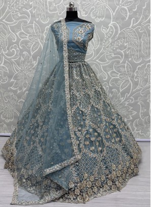 A Line Lehenga Choli Thread Net in Aqua Blue