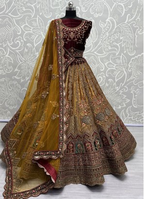 A Line Lehenga Choli Thread Work Velvet in Mustard