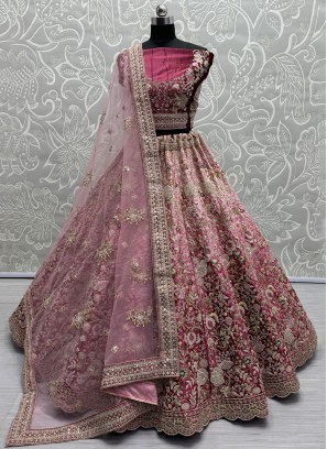 A Line Lehenga Choli Thread Work Velvet in Pink