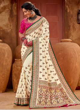 Absorbing Banarasi Silk Embroidered Cream Classic Saree