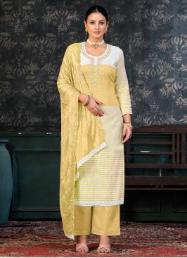 Absorbing Cotton Embroidered Yellow Palazzo Suit