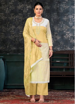 Absorbing Cotton Embroidered Yellow Palazzo Suit