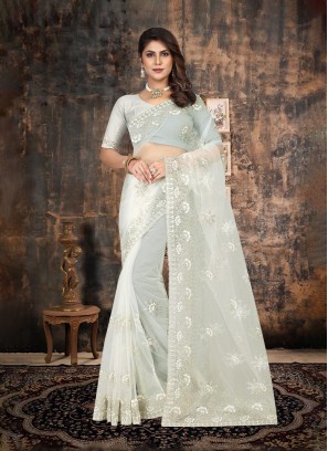 Absorbing Embroidered Off White Net Contemporary Style Saree