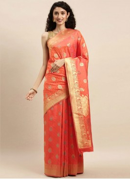 Absorbing Kanjivaram Silk Orange Designer Traditional Saree