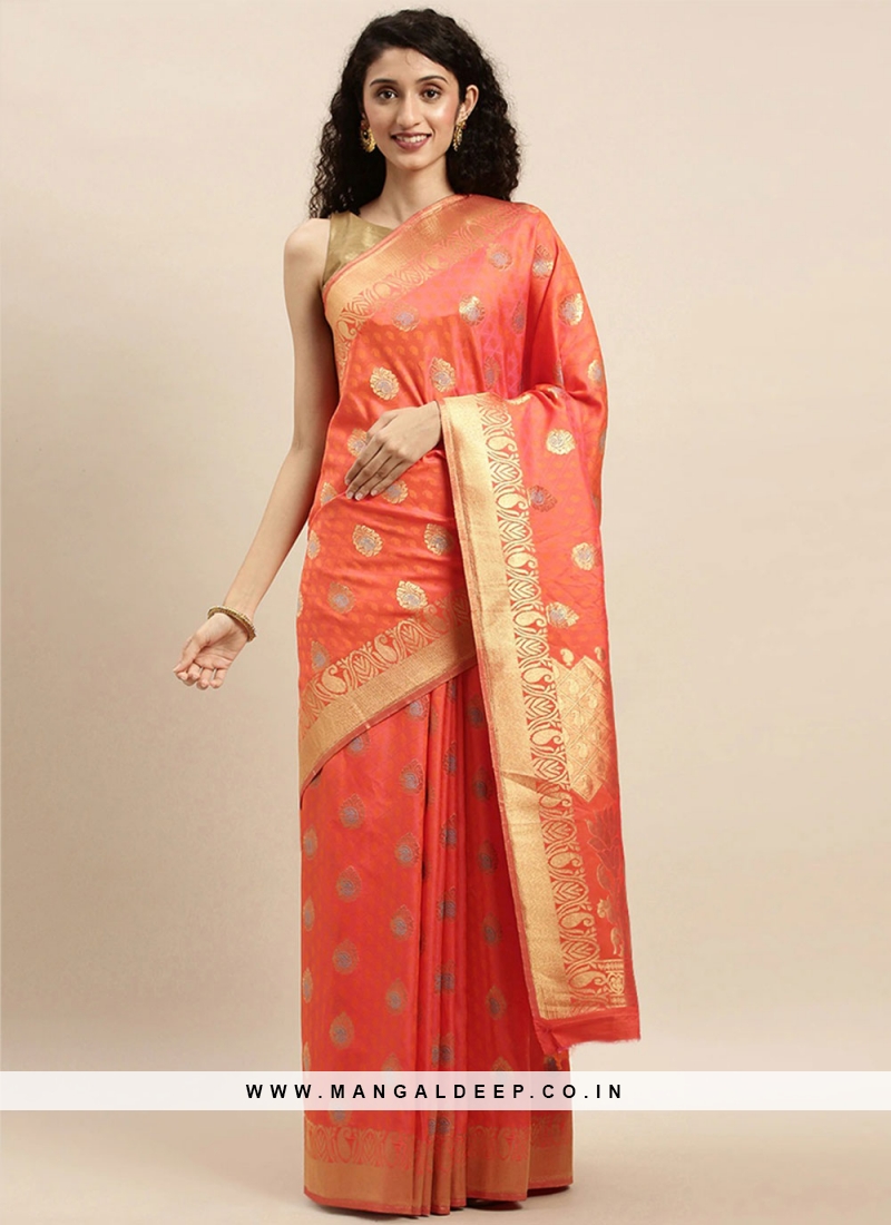Orange Silk Blend Woven Design Kanjeevaram Saree - Shreemati