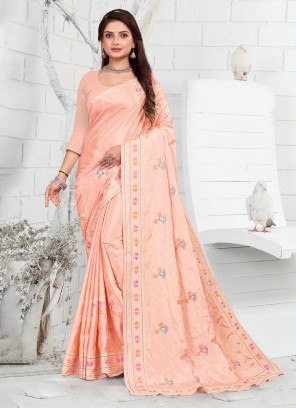 Absorbing Peach Faux Crepe Classic Saree