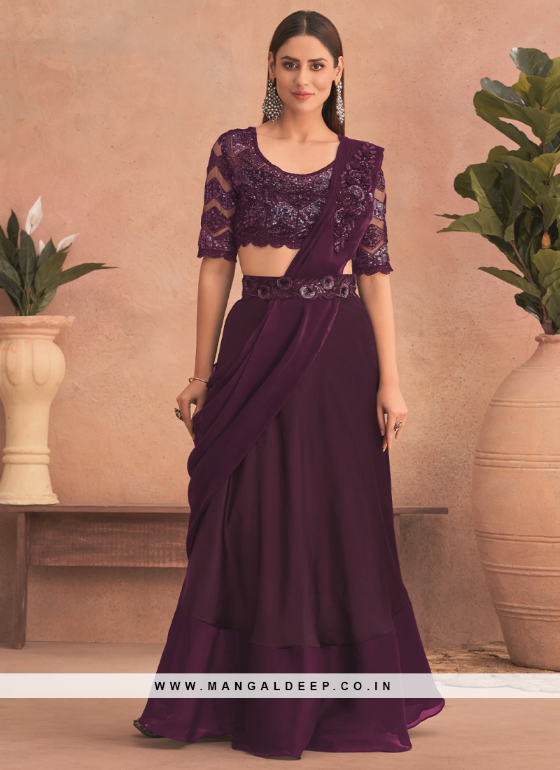 Absorbing Purple Engagement Lehenga Style Saree