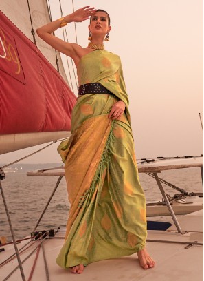 Absorbing Sea Green Weaving Satin Saree