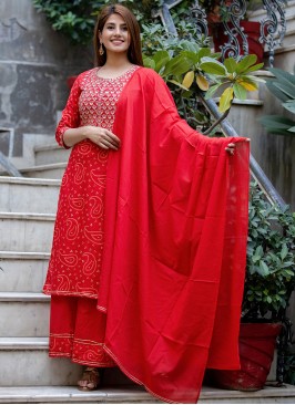 Adorable Bandhej Red Readymade Salwar Suit 