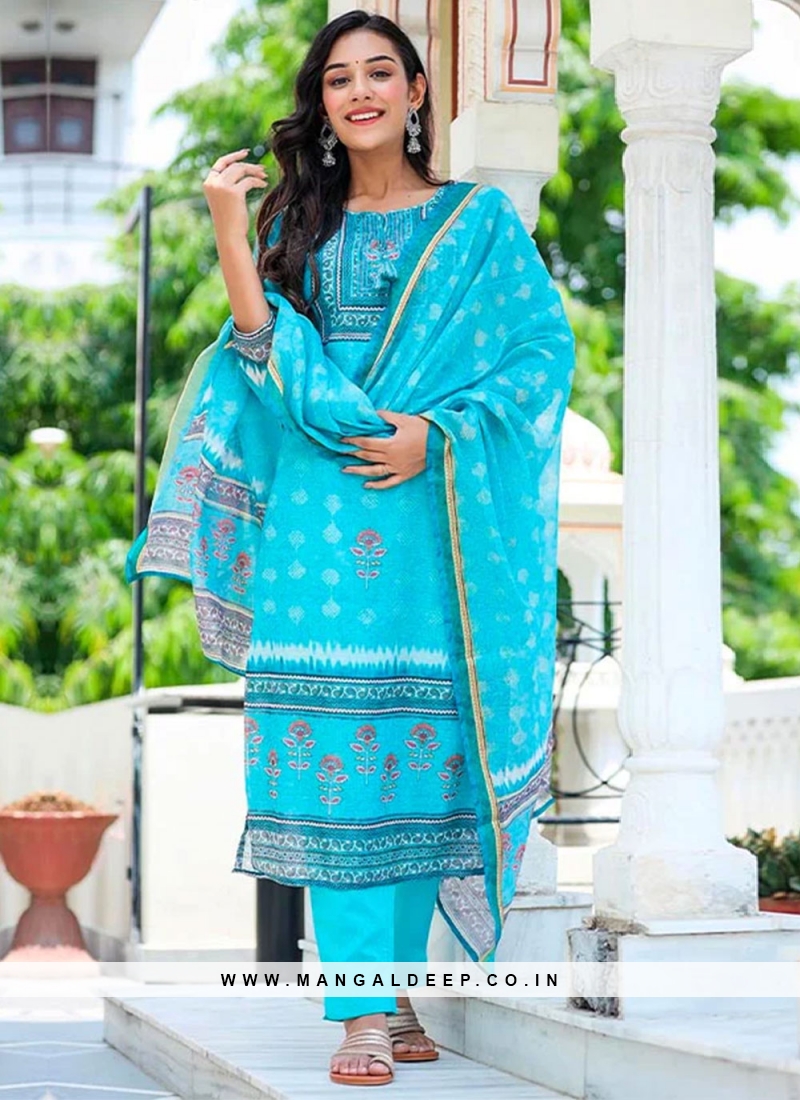 Adorable Chanderi Printed Aqua Blue Straight Salwar Suit