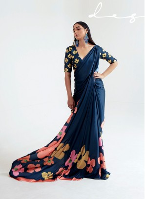 Adorable Multi Color Printed Satin Saree