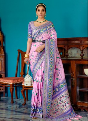 Adorable Zari Rose Pink Banarasi Silk Traditional Saree