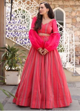 Adorning Digital Print Hot Pink Chanderi Lehenga Choli