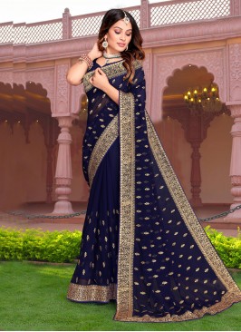 Adorning Embroidered Navy Blue Georgette Classic Saree