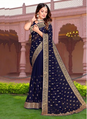 Adorning Embroidered Navy Blue Georgette Classic Saree