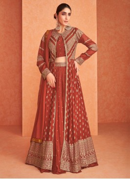 Adorning Embroidered Rust Pure Georgette Readymade Lehenga Choli