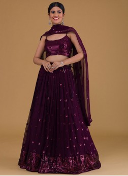 Adorning Georgette Embroidered Purple A Line Lehen