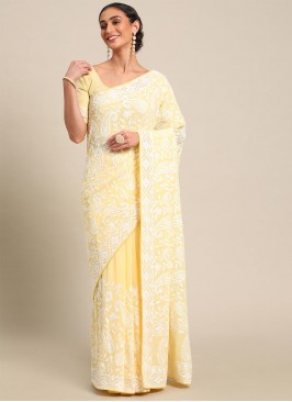 Adorning Georgette Embroidered Yellow Trendy Saree
