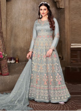 Adorning Net Blue Floor Length Salwar Kameez