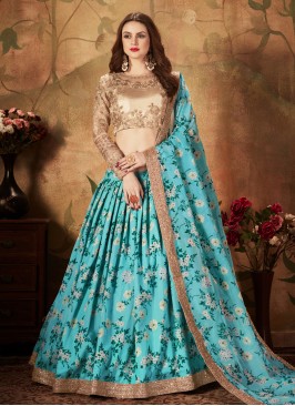 Adorning Organza Floral Print Aqua Blue A Line Lehenga Choli