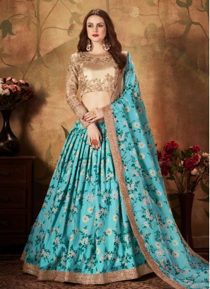 Adorning Organza Floral Print Aqua Blue A Line Lehenga Choli