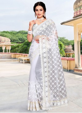 Adorning Resham Net White Classic Saree
