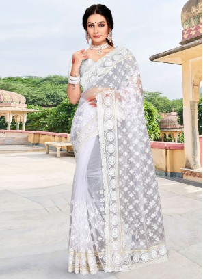 Adorning Resham Net White Classic Saree