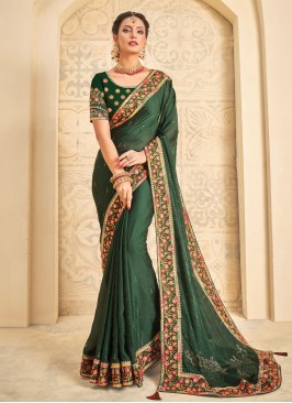 Adorning Satin Silk Swarovski Green Trendy Saree