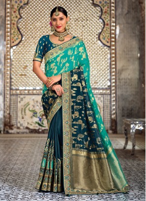 Adorning Teal and Turquoise Weaving Silk Shaded Saree