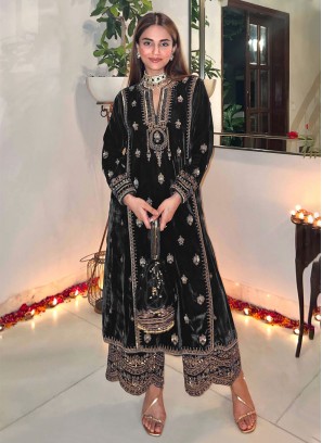 Adorning Velvet Black Pakistani Salwar Suit