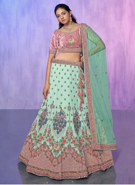 Aesthetic Aqua Blue Embroidered Georgette Lehenga Choli