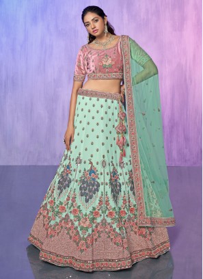 Aesthetic Aqua Blue Embroidered Georgette Lehenga Choli