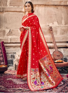 Aesthetic Banarasi Silk Red Weaving Classic Saree