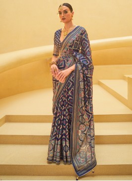 Aesthetic Navy Blue Weaving Brasso Trendy Saree