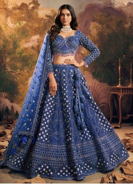 Aesthetic Net Embroidered Blue Readymade Lehenga Choli