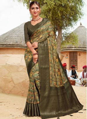 Affectionate Digital Print Green Cotton Classic Saree