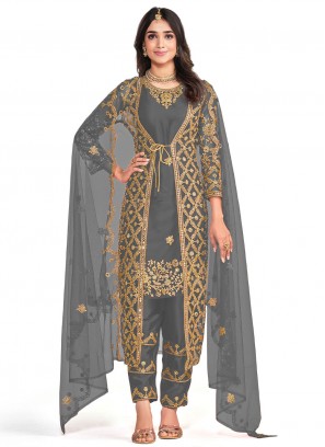 Affectionate Net Engagement Jacket Style Salwar Kameez